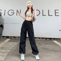 溫姍美式高街工裝束腳設計高腰休閒褲女春夏寬鬆闊腿百搭顯瘦長褲