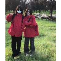 美式vintage紅色衝鋒衣女春秋款拉鍊連帽hiphop情侶寬鬆外套ins潮