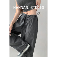 張小奈美式辣妹風寬鬆低腰抽繩工裝褲女春秋薄款褶皺闊腿降落傘褲