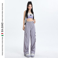 冰絲速乾紫色降落傘兵褲女薄款寬鬆直筒工裝褲抽繩束腳夏季登山褲