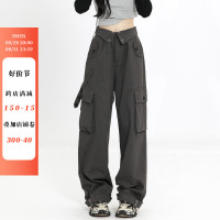 3MER哦哦三妹  翻蓋腰頭工裝褲女春秋多口袋直筒褲美式街頭休閒褲