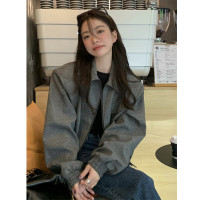 設計感復古翻領短款外套女春秋款小眾百搭寬鬆顯瘦小個子夾克上衣