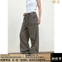 川川也美式復古速乾傘兵褲男女抽繩闊腿薄款夏褲子街頭寬鬆潮牌秋