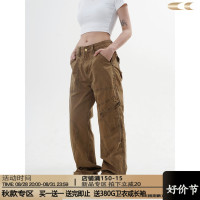 川川也美式復古多口袋工裝褲男女辣妹高街直筒休閒褲高腰寬褲子
