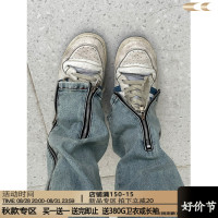 川川也家 vibe風高街拉鍊牛仔褲男女寬鬆直筒褲hiphop拖地長褲潮