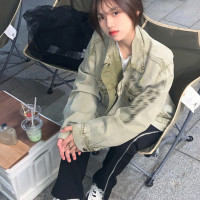 美式復古慵懶風牛仔外套2023秋裝新款寬鬆水洗做舊刺繡夾克上衣潮