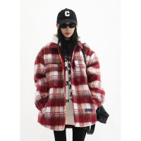 Acestudios 新年粗呢格子外套女2023春秋新款寬鬆紅色搖粒絨夾克