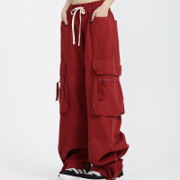 ZZHenL 美式復古紅色闊腿工裝褲女秋季設計感口袋直筒休閒褲子