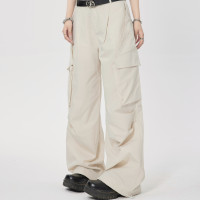 珍珍很懶 設計感解構拼接米白色工裝口袋直筒褲休閒老爹褲長褲潮