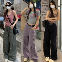 荒荒家 口袋工裝褲2023夏季新款港風寬鬆高腰機能闊腿休閒褲女ins
