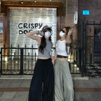 荒荒家 微皺質感工裝褲2023夏季新款港風高街寬鬆闊腿機能褲女潮