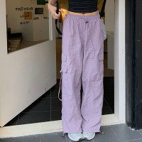 美式抽繩休閒工作服褲女夏季薄款2023新款寬鬆高腰直筒闊腿束腳衛褲