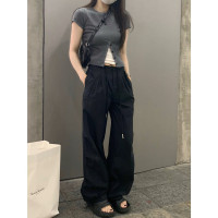 留下 1992 夏季黑色降落傘美式工裝褲女百搭薄款抽繩兩穿直筒褲女