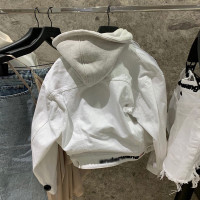 大王家秋冬假兩件拼接連帽拉鍊設計短款連帽牛仔外套上衣潮