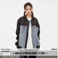 BANDITK GANGN牛仔拼接外套女秋季潮美式高街飛行夾克春秋裝上衣