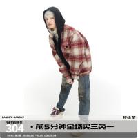 BANDITK GANGN紅色格子開衫女春季新款寬鬆街頭外套復古連帽運動衫