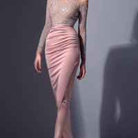 Женское вечернее платье-русалка, розовое платье до щиколотки с круглым вырезом и длинными рукавами, расшитое блестками, для выпускного вечера, 21 дюйм