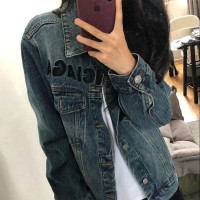 設計感炸街牛仔外套女春季新款復古闊版刺繡直角肩中長版夾克上衣