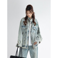 AzLan美式復古牛仔外套女春秋2023新款寬鬆休閒vintage立領機車服
