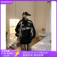 美式復古賽車外套女秋季2023新款春秋款寬鬆嘻哈撞色立領夾克ins