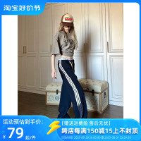 美式復古休閒褲女夏季三條槓直筒運動褲寬鬆顯瘦衛褲拖地闊腿褲潮