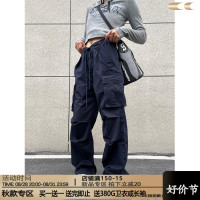 川川也家 街頭hiphop抽繩工裝休閒褲男女寬鬆直筒百搭拖地長褲bf