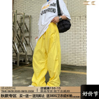 CCYE美式辣妹速乾薄款傘兵工裝褲男女寬鬆抽繩休閒長褲闊腿多巴胺