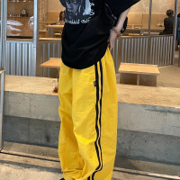 黃色運動褲女小眾設計感條紋褲子大尺碼胖mm顯瘦速乾工裝褲闊腿褲潮