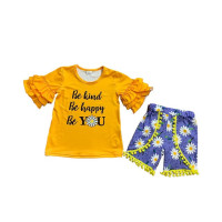 Новинка, летняя одежда для девочек с маргаритками, желтые шорты с помпонами, Женский комплект