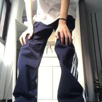 美式復古藏青條紋闊腿運動褲女秋季高腰休閒百搭直筒工裝褲ins潮