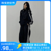 美式復古運動褲女秋季寬鬆束口褲高腰垂感闊腿褲側邊條紋休閒褲子