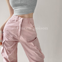 酷颯出街高腰抽繩粉色工裝褲女夏復古寬鬆休閒多口袋直筒闊腿長褲