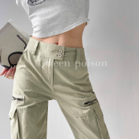 街頭辣妹重工大口袋工裝褲女夏季高腰顯瘦寬鬆休閒直筒闊腿長褲潮