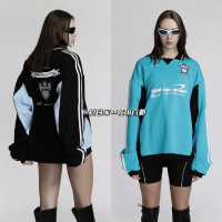 夏目家Badblood衛球衣拼接新款撞色復古刺繡女士上衣寬鬆刺繡秋冬