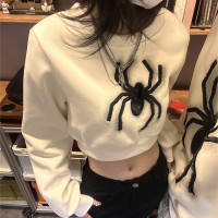 H GANG X美式辣妹小眾蜘蛛刺繡衛衣女2023秋季顯瘦短款圓領外套潮