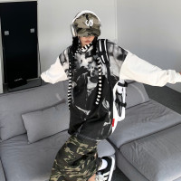 ZZHenL 潮牌黑白影印衛衣男拼色圓領寬鬆百搭休閒拼接打底衫情侶