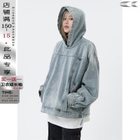 川川也家 原創設計美式高街牛仔連帽運動衫男女寬鬆情侶外套ins潮牌