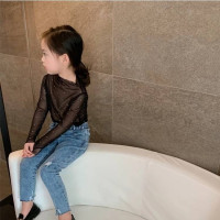 Одежда для девочки-подростка Стразы с длинным рукавом черный, Белый цвет футболки 1-12Yrs для девочек; Сезон весна-осень; Лидер. Сетчатые майки из тюля