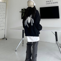 咖哩人秋新款自制蜘蛛印花開衫連帽運動衫外套美式男女情侶寬帽衫