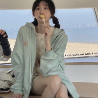 jmwomen綠色連帽運動衫外套女小個子寬鬆2023春秋日系慵懶開衫上衣