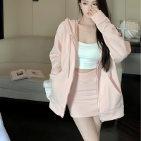 MOXI裸粉蜜桃  新款運動休閒感韓系寬鬆純色連帽開衫衛衣休閒外套