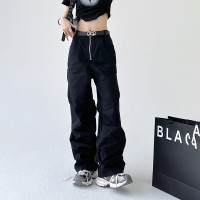 美式甜辣高腰直筒工裝褲女2023秋裝新款設計感顯瘦黑色別致休閒褲