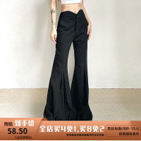 WEEKEEP設計感微喇V型腰頭垂感褶皺休閒長褲女百搭修身顯瘦拖地褲