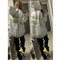 美式oversize潮牌灰色厚棉T女春秋薄款小個子寬鬆chic港風連帽上衣