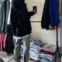 美拉德穿搭秋冬美式重磅黑色連帽運動衫女2023新款潮牌原創簡約外套