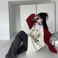 咖哩人早秋美式復古趣動物印花拼色情侶圓領厚棉T男女插肩上衣帽衫