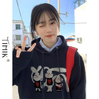 日系港風藏青色連帽運動衫女秋季chic韓系甜美減齡兔子圖案外套上衣