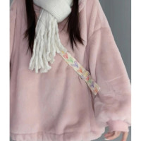 不吃夜宵【冬日甜心】冬季加厚長袖厚棉T寬鬆上衣粉色圓領外套百搭