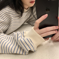 M2023年新款套頭條紋休閒上衣女秋季寬鬆韓版慵懶風圓領長袖潮ins上衣