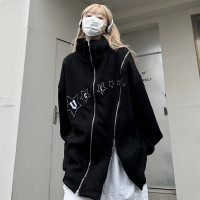 咖哩人春新款美式復古拉鍊設計感小眾五角星刺繡連帽運動衫外套男女